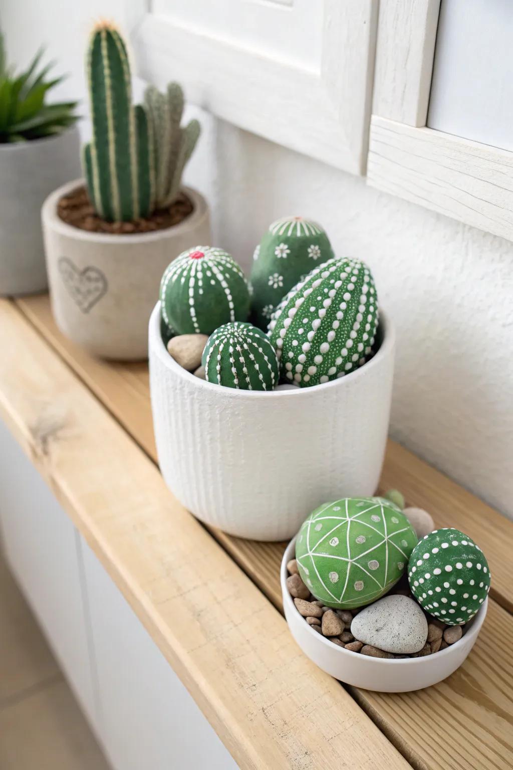 Bring a touch of the desert indoors with these charming painted rock cacti—no watering required!