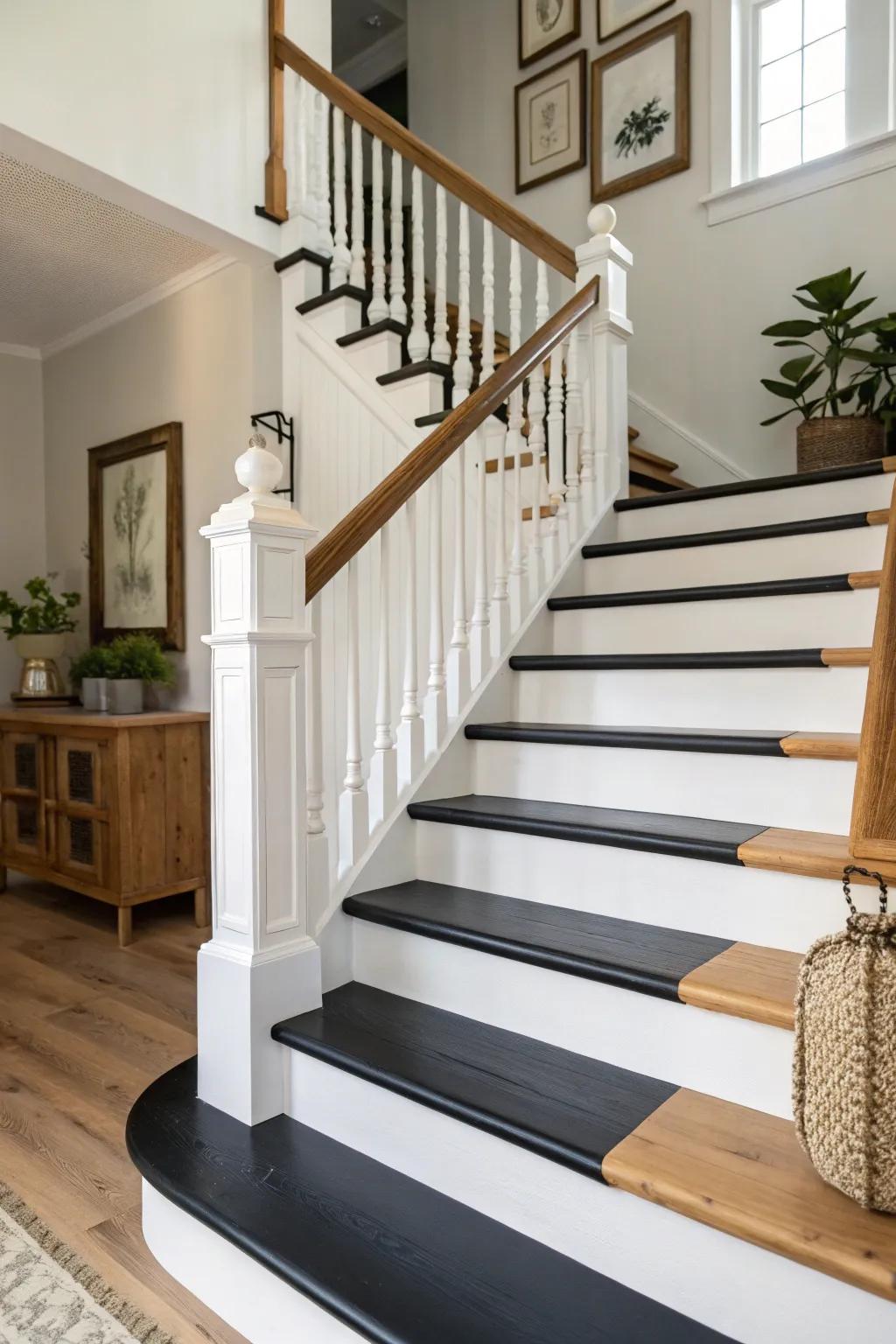 Elevate your space with the timeless elegance of bold black and white stairs.