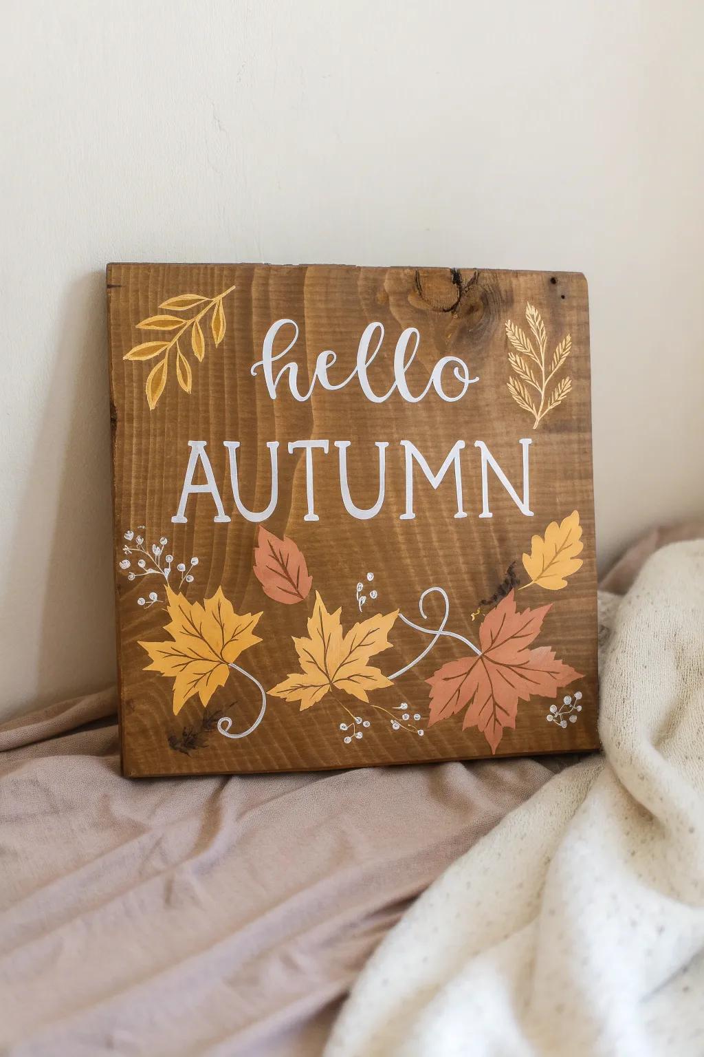 Embrace the season with a handcrafted 'Hello Autumn' sign, where simplicity meets natural beauty.