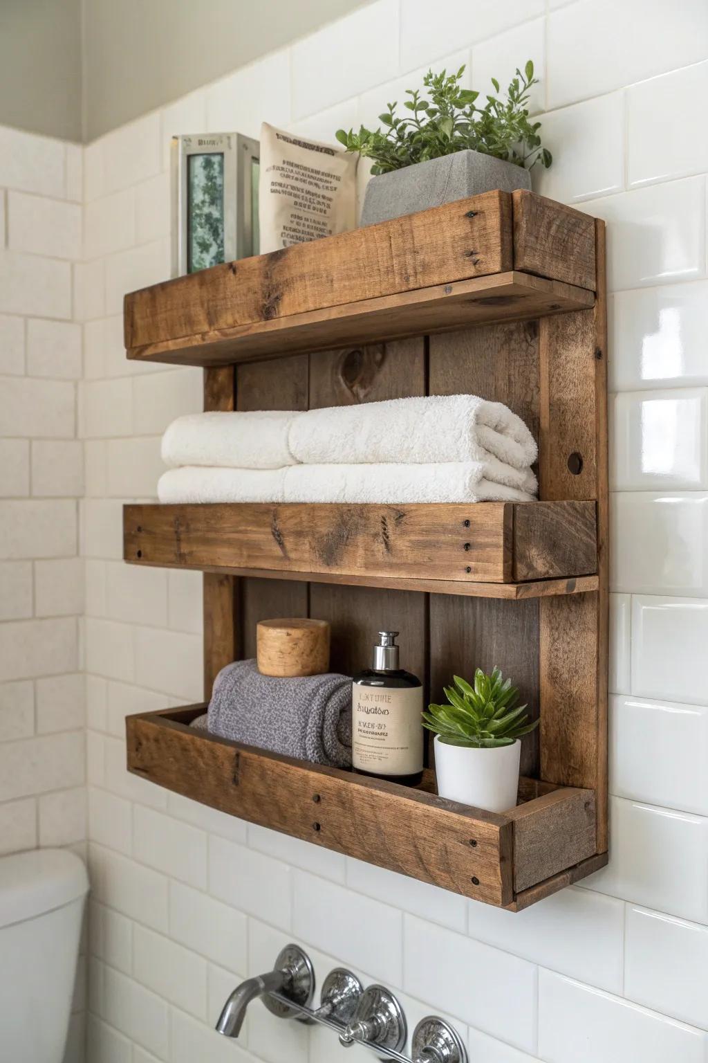 Elevate your bathroom style with handcrafted pallet shelves that blend functionality with rustic charm.