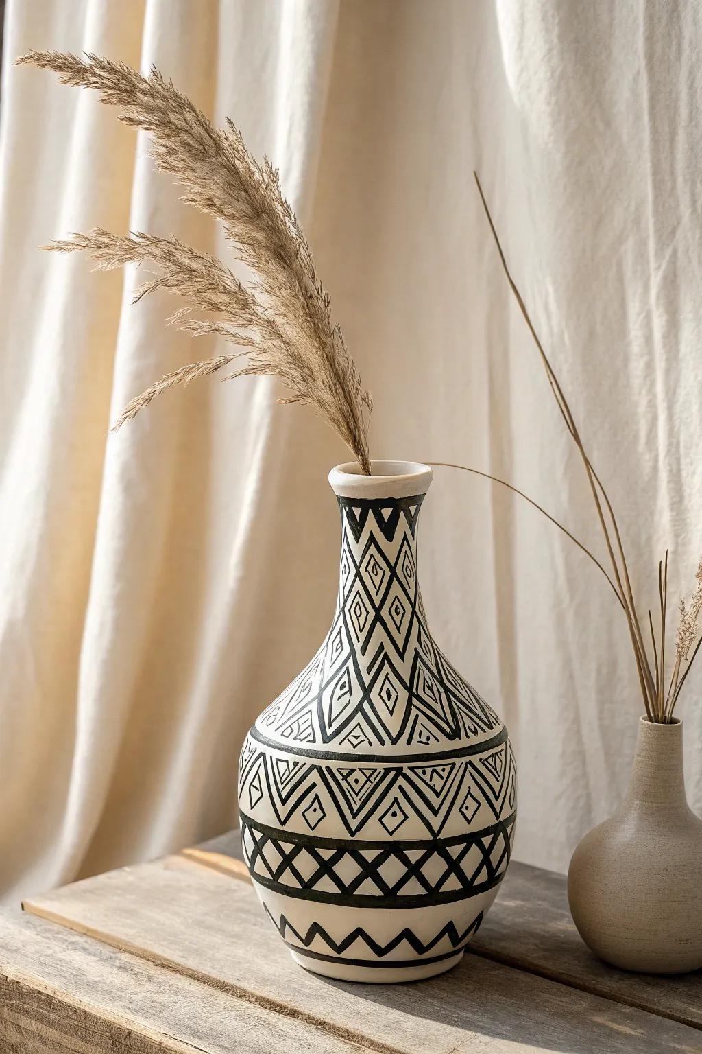 Discover the timeless allure of monochrome magic with this elegant patterned vase.