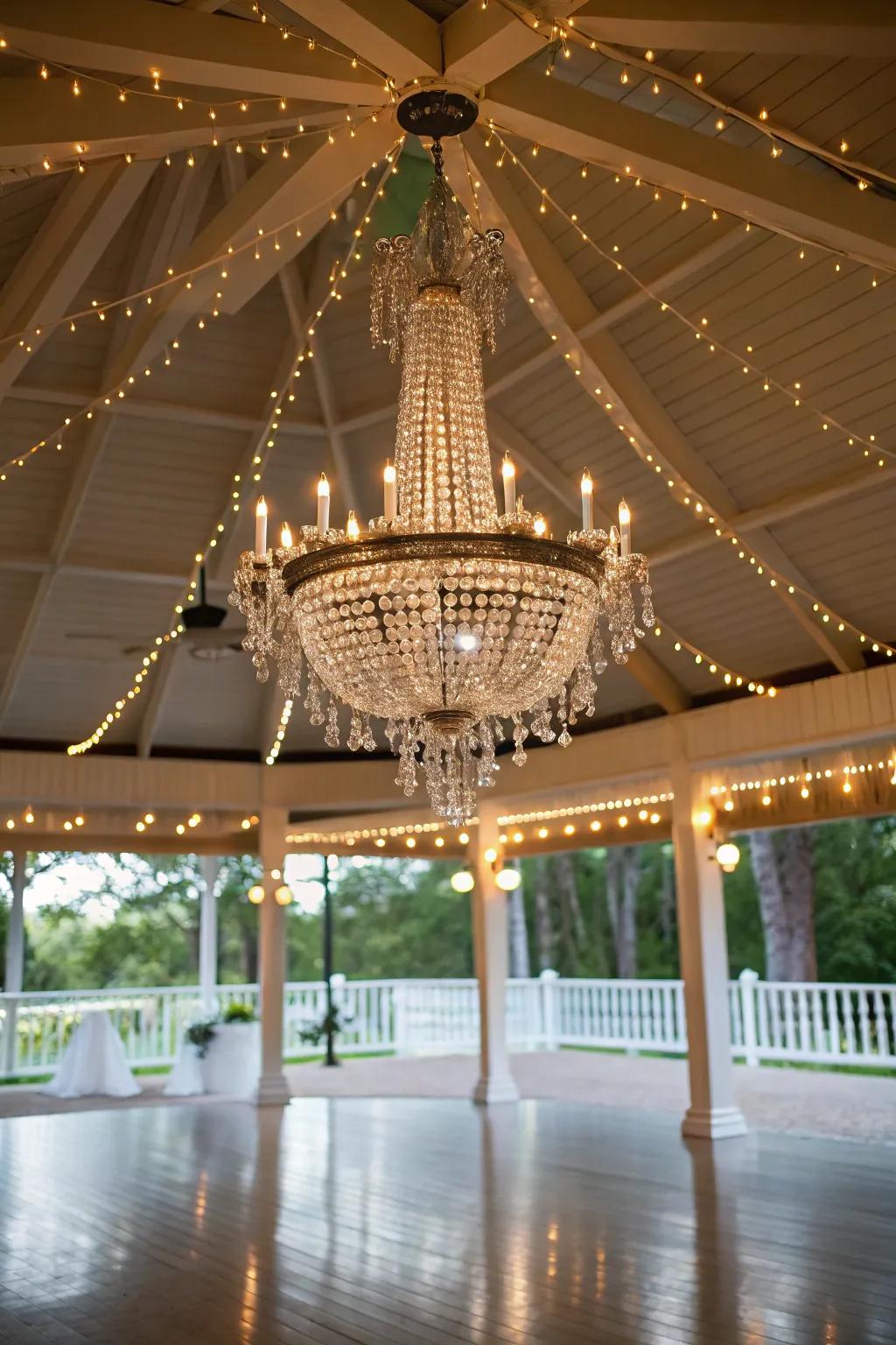 A chandelier lends a touch of glamor and elegance to the pavilion.