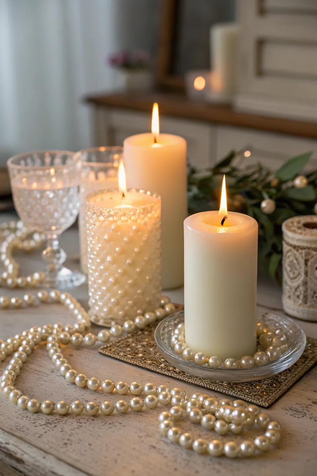 Enhance your home with the warm glow of candles and pearls.