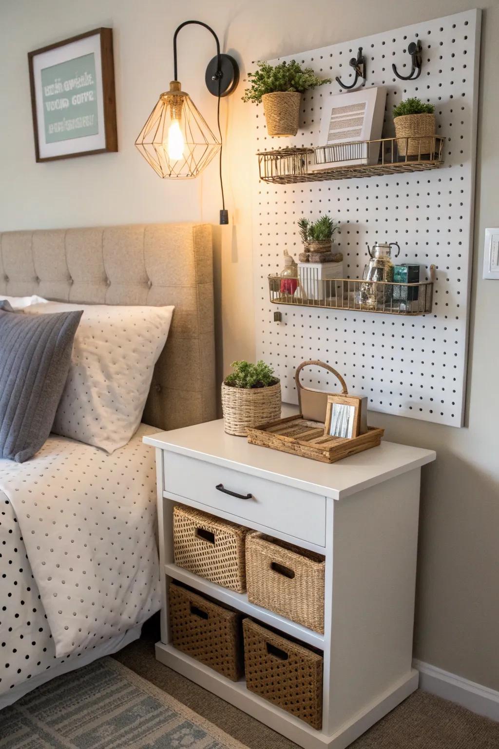 Space-saving pegboard nightstands keep essentials handy.