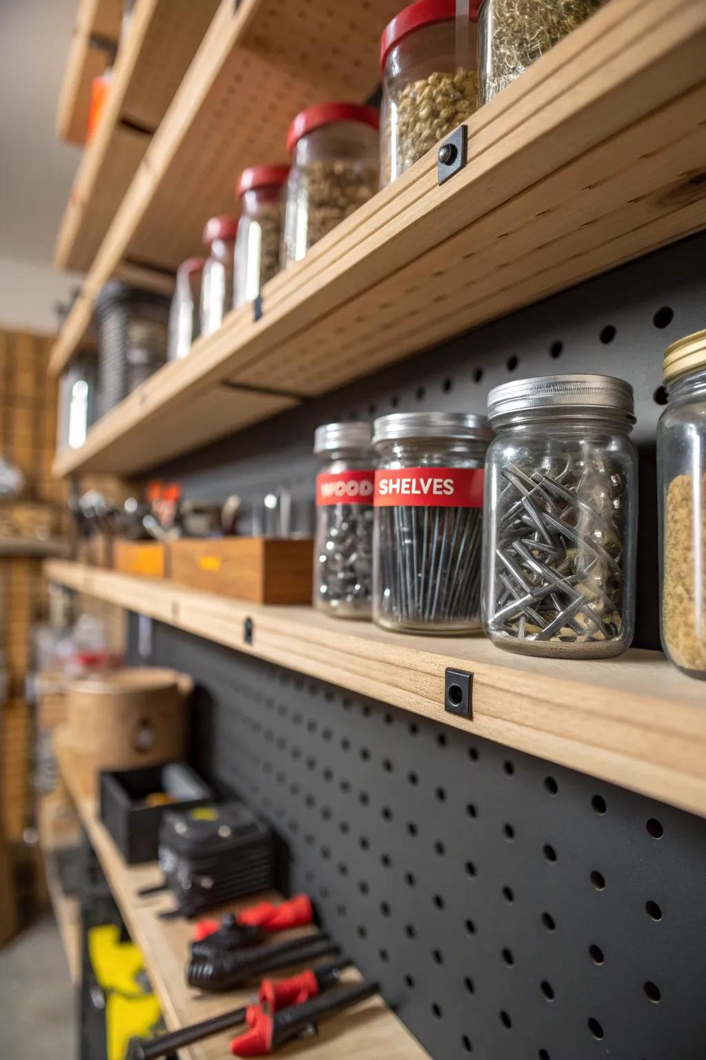 Transform your garage with stylish, adjustable pegboard shelving for the perfect blend of function and craftsmanship.