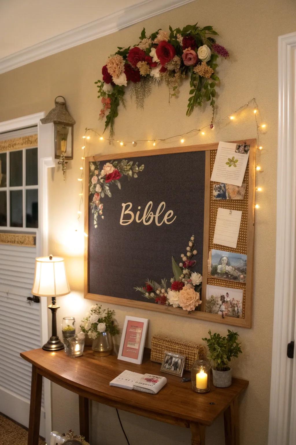 A powerful Bible quote anchors the spiritual theme of the board.