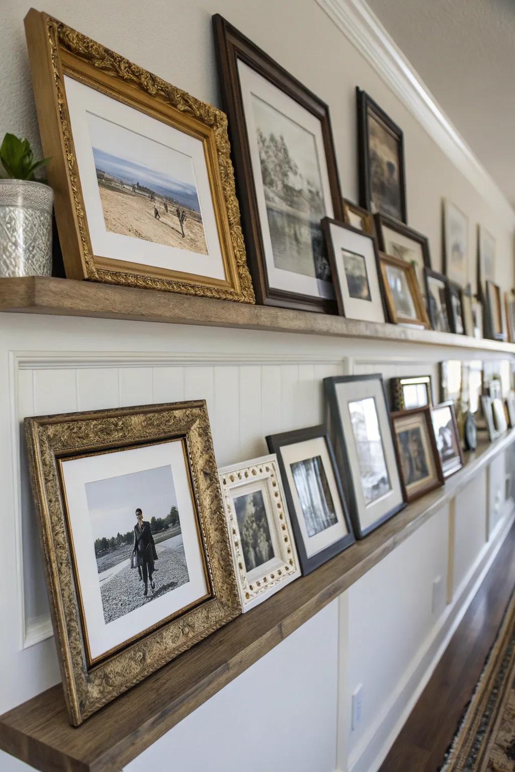 A mix of frame styles on a picture ledge creates a versatile look.
