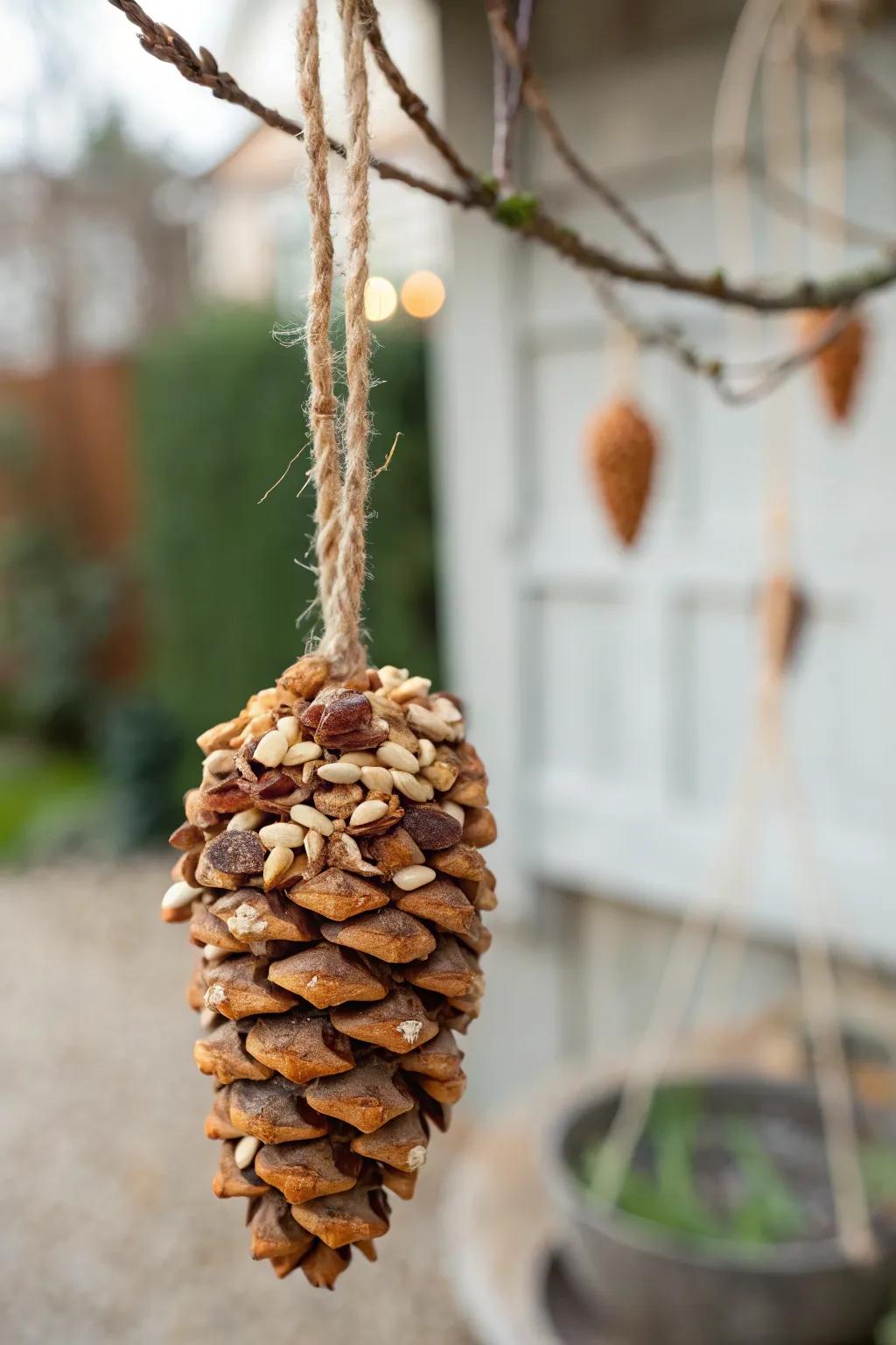 Invite nature to your doorstep with this charming DIY pine cone bird feeder.