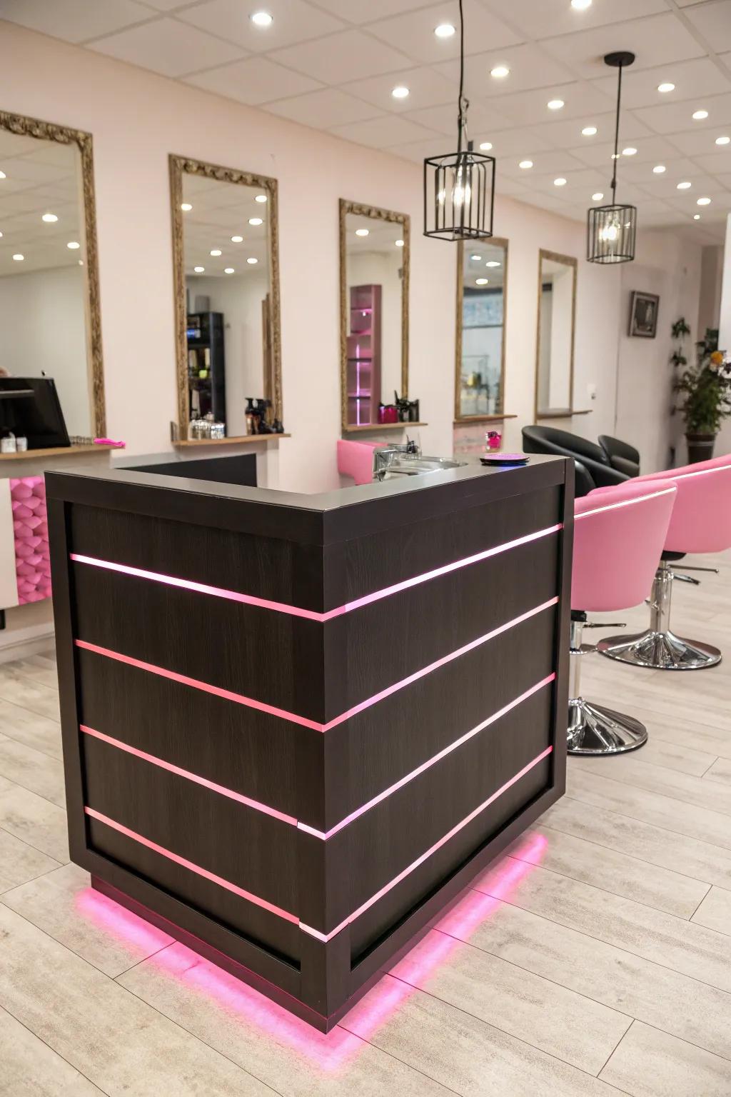 A chic reception desk sets the stylish tone.