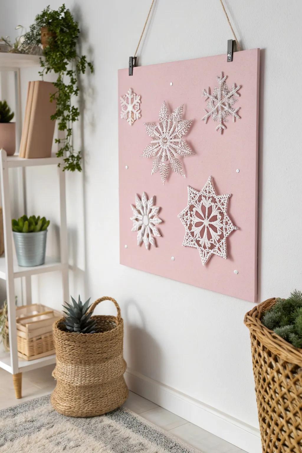 Transform your space with a seasonal touch on a pink bulletin board, where simplicity meets elegance.