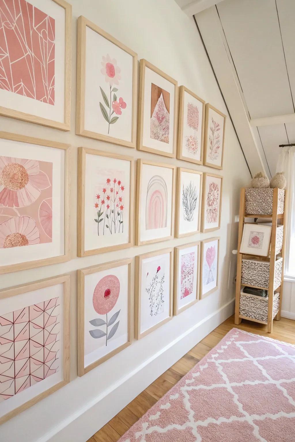Elevate your craft room with a stunning pink-themed gallery wall that blends minimalist and boho aesthetics for a touch of creative elegance.