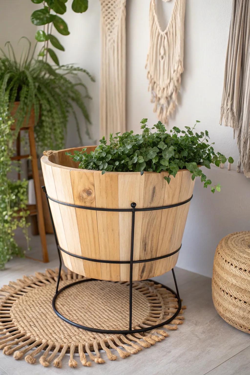 Elevate your garden with this chic half-barrel planter — where simplicity meets natural beauty.
