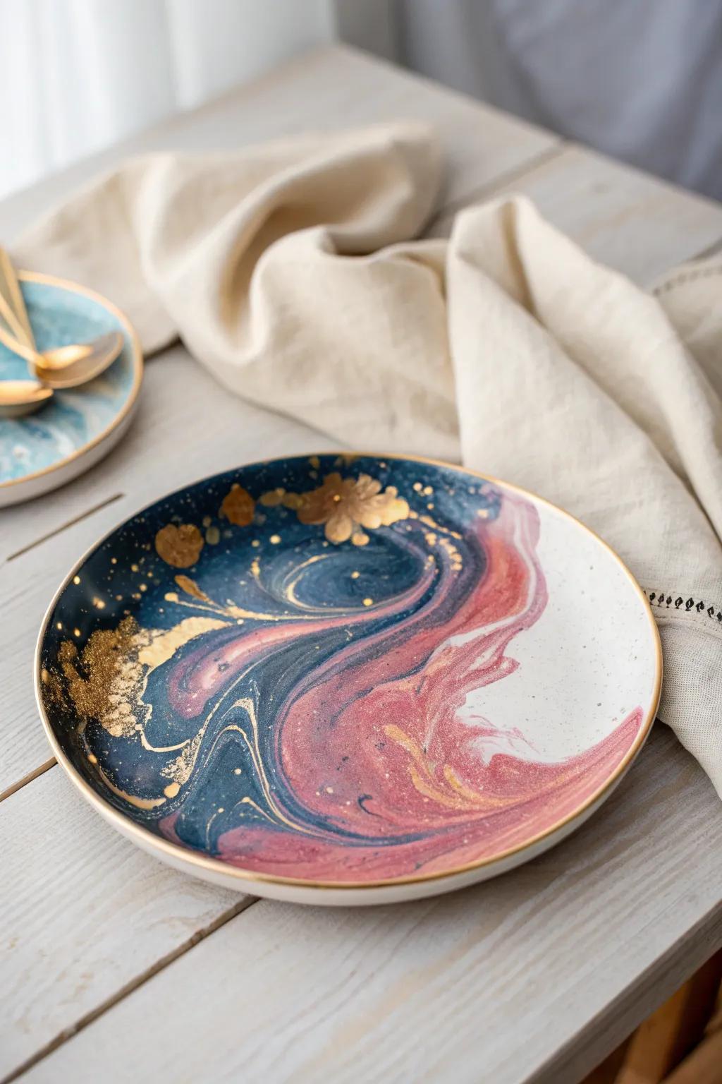 Discover the beauty of abstract art with this stunning hand-painted plate, where colors and emotions blend seamlessly.
