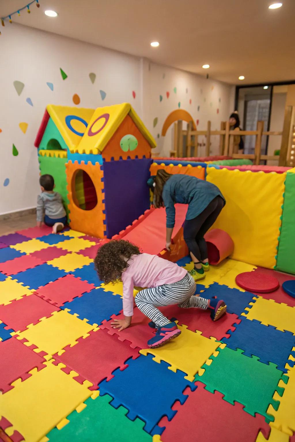 Foam mats provide a soft and cheerful indoor play surface.