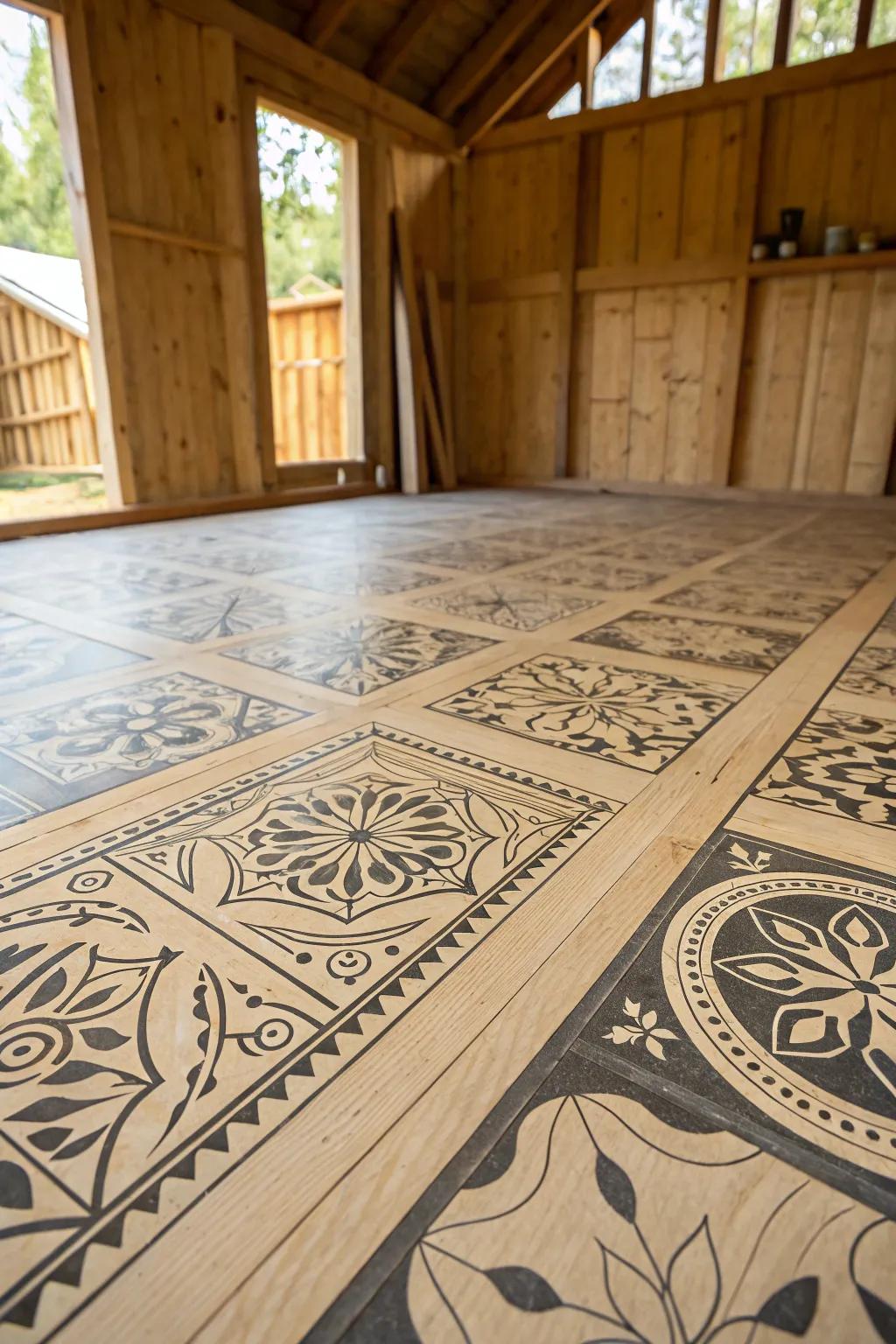 Transform your shed floor into a masterpiece with stenciled plywood designs that showcase impeccable craftsmanship.