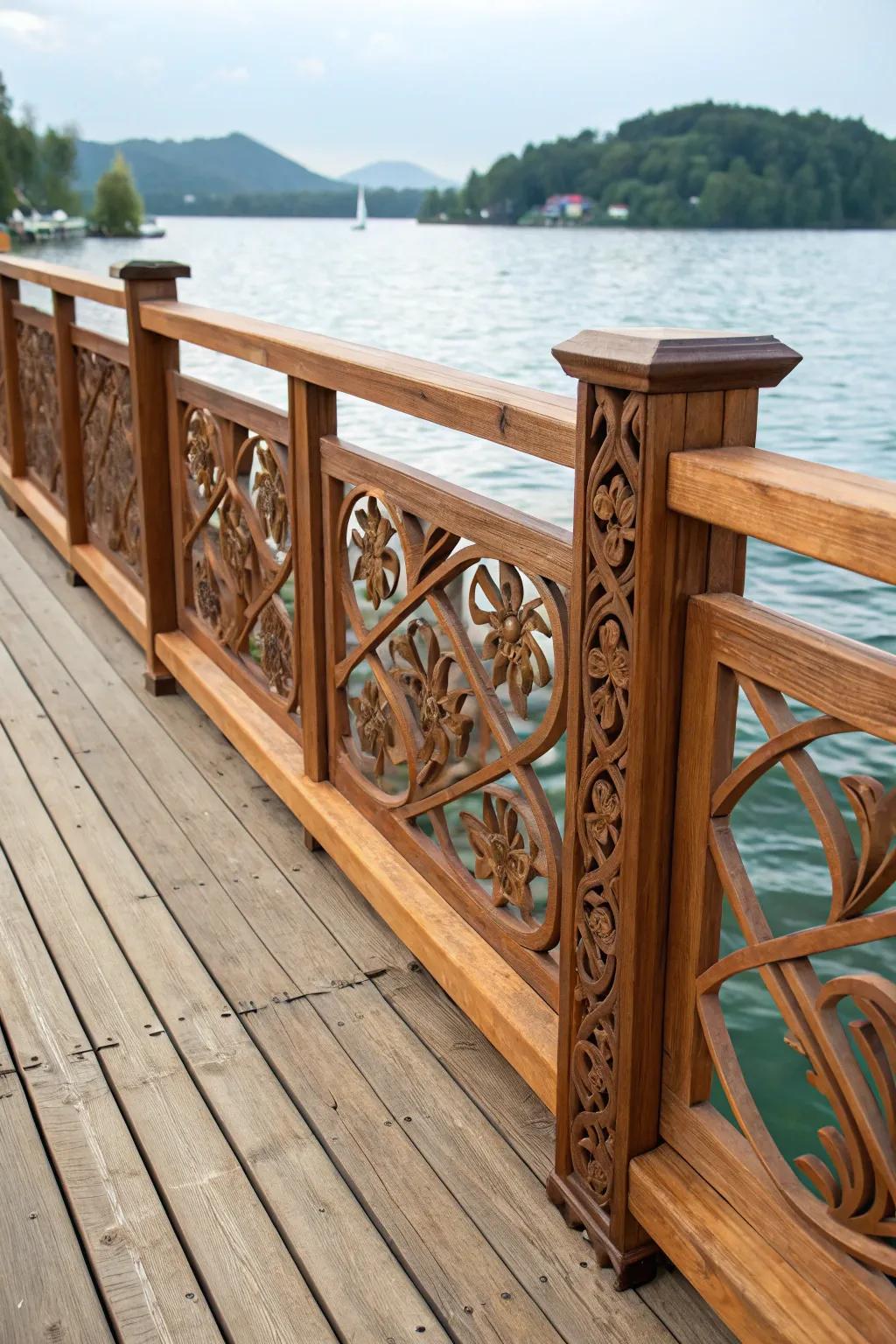 Embrace rustic charm with intricately carved wooden pontoon railings.