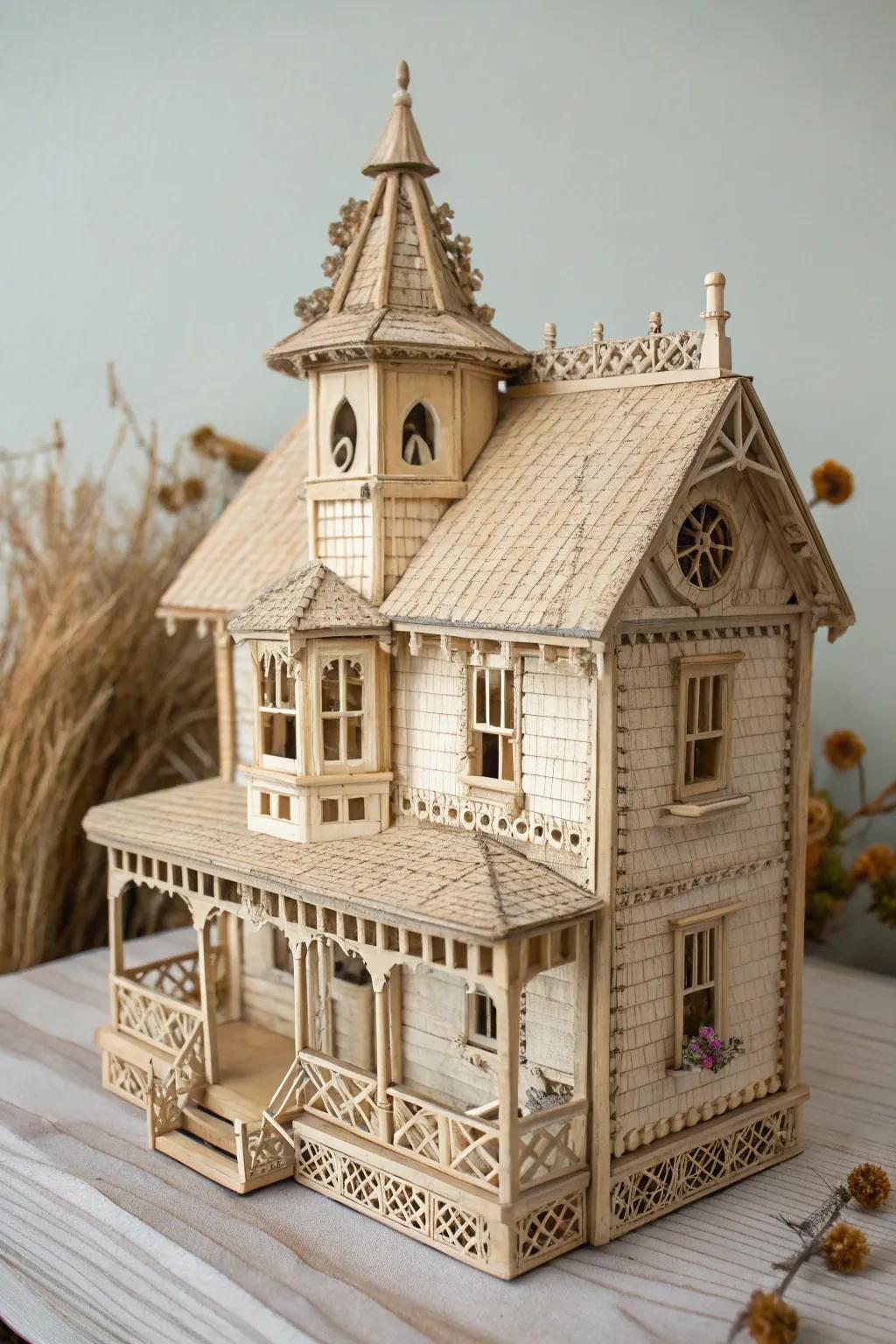 Victorian charm meets minimalist beauty in this intricate popsicle stick house design.