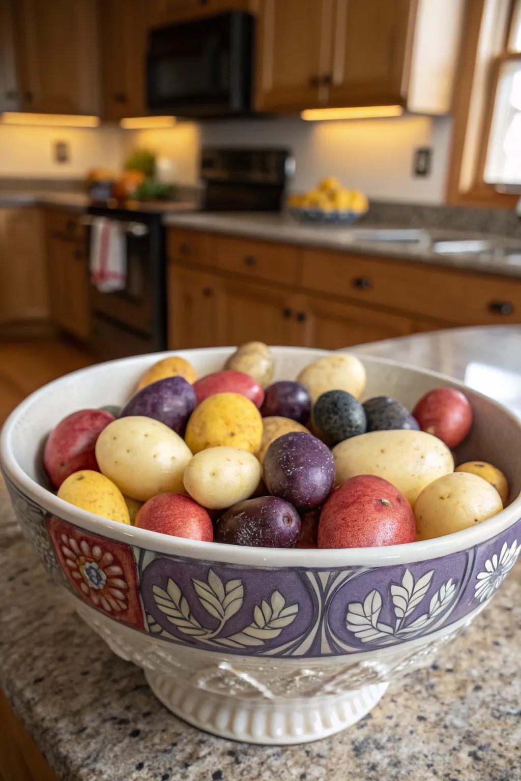 A colorful palette of potatoes adds vibrancy.