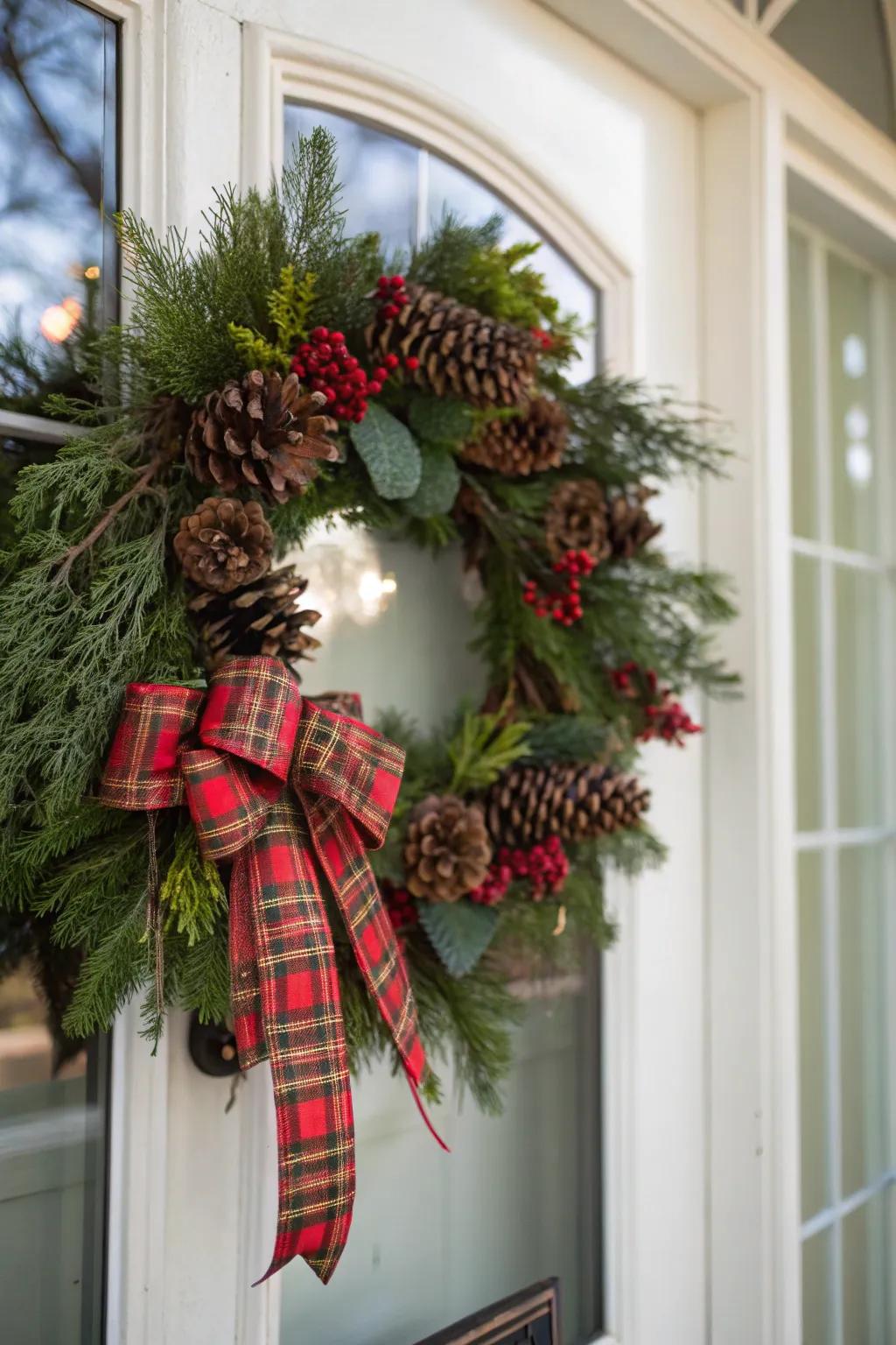 A preppy wreath with tartan accents makes for a festive entrance.