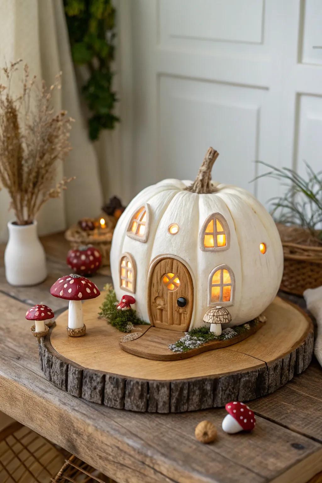 Create a whimsical fairy tale scene with enchanting mushroom details and a glowing pumpkin house.