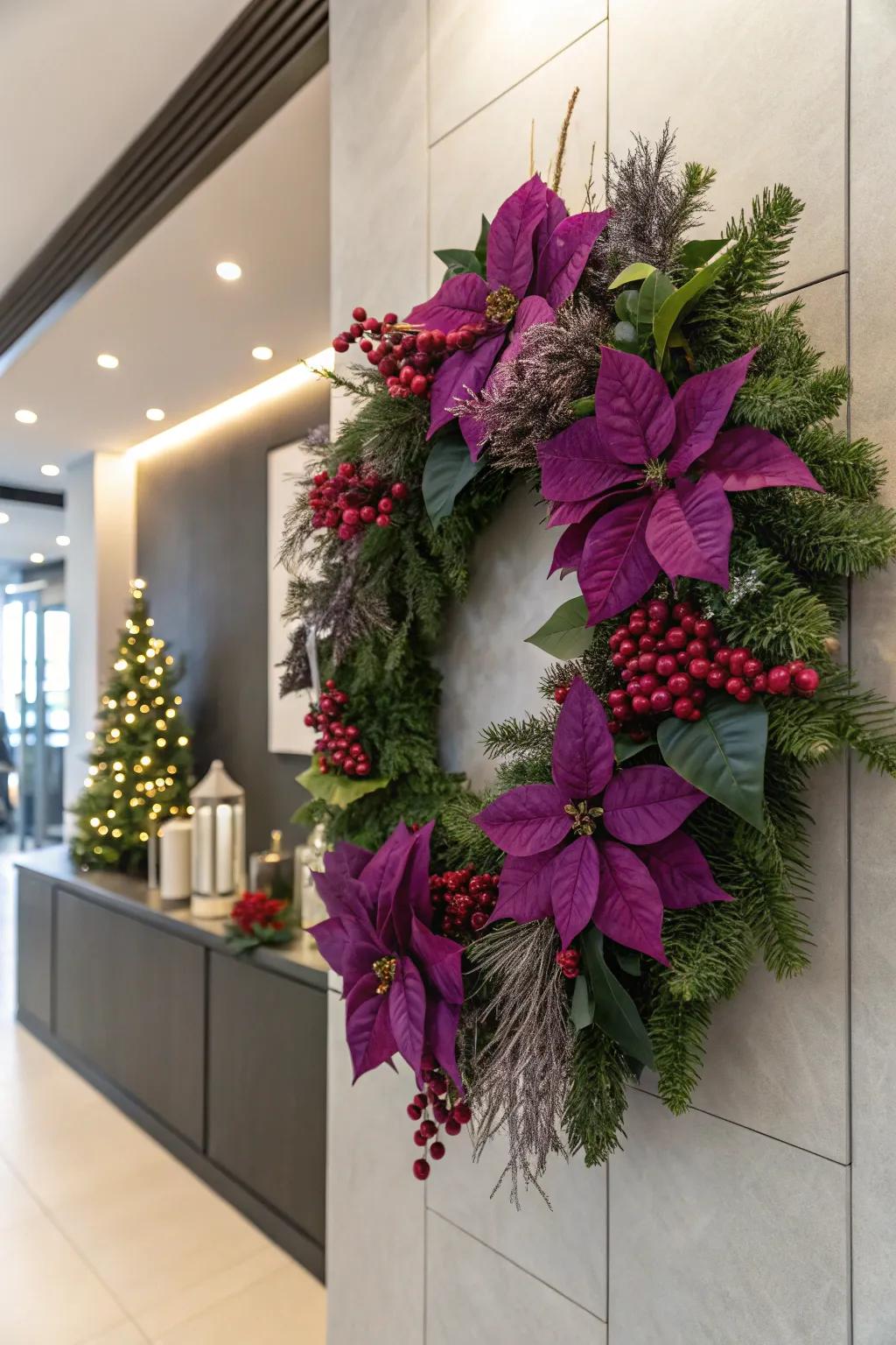 Purple poinsettias bring a charming floral element to Christmas decor.