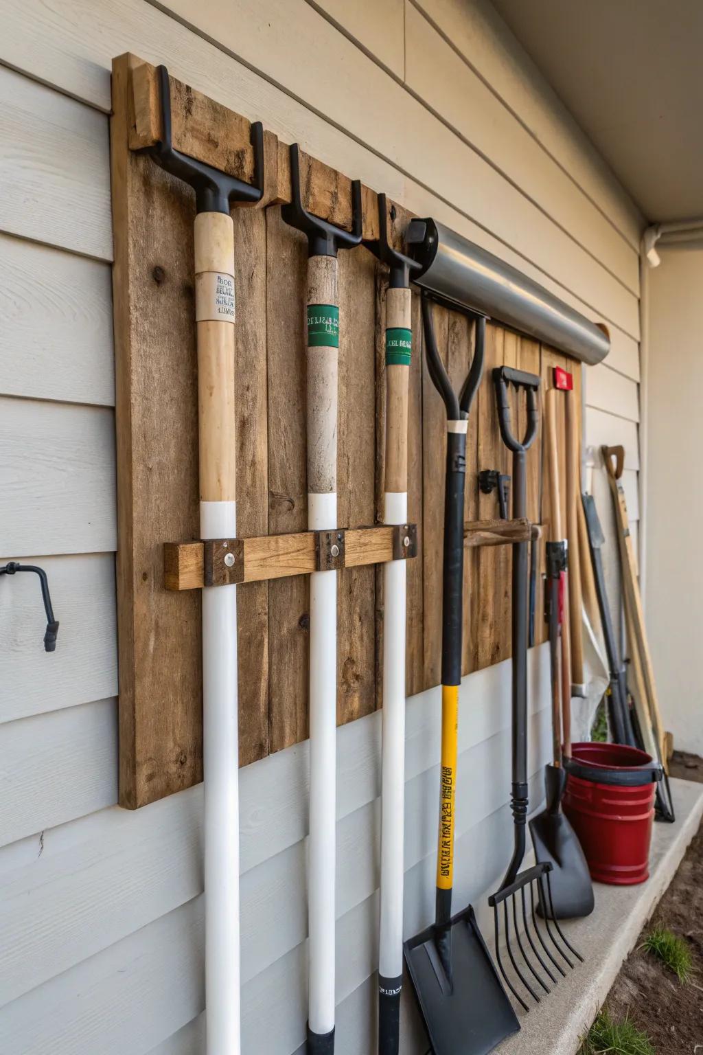 Transform your garage wall with this handcrafted garden tool rack using PVC pipes for a neat and stylish storage solution.
