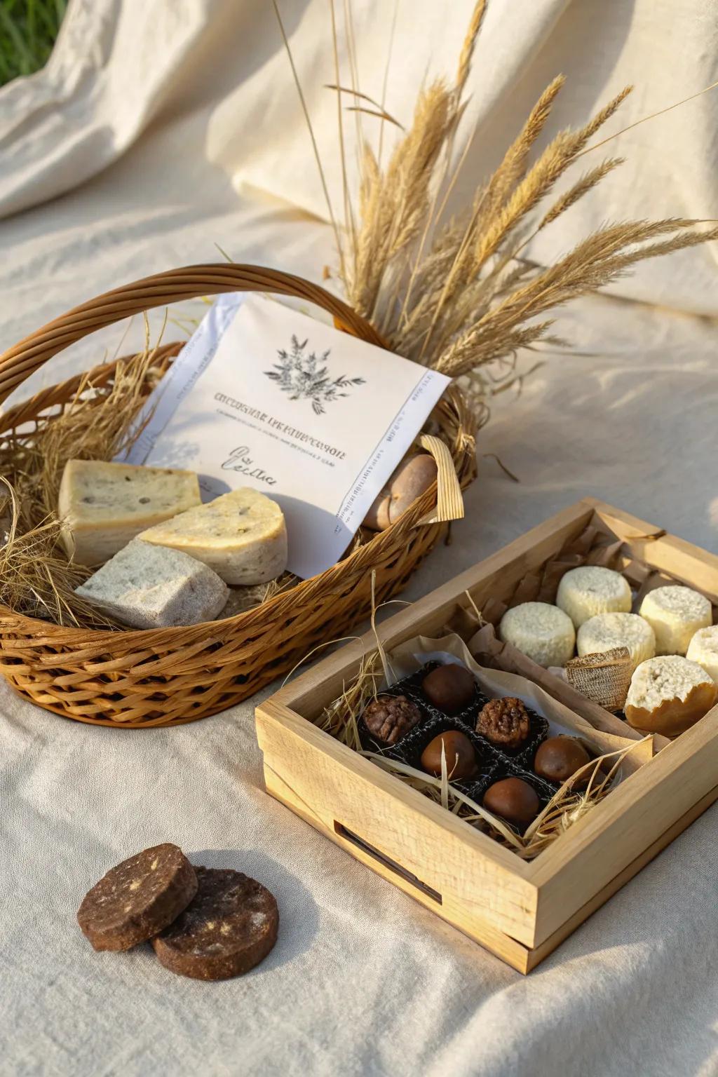 Indulge in the perfect pairing: artisan cheeses and luxurious chocolates for a gourmet wine basket delight.
