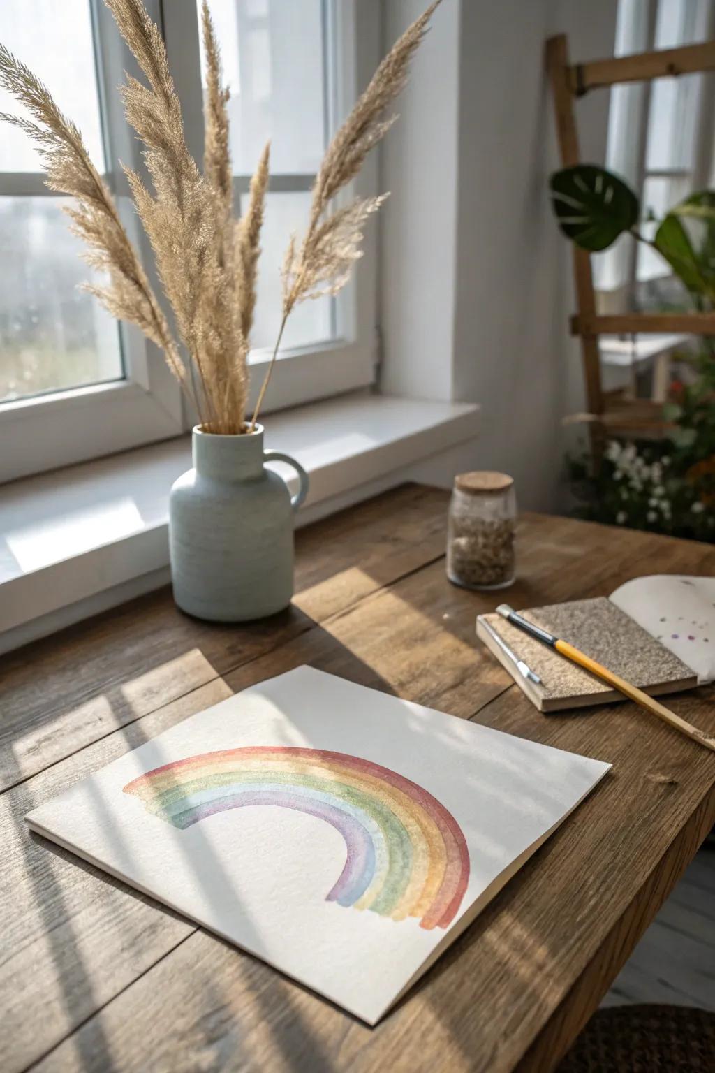 Embrace the artistry of watercolors with a serene rainbow creation.