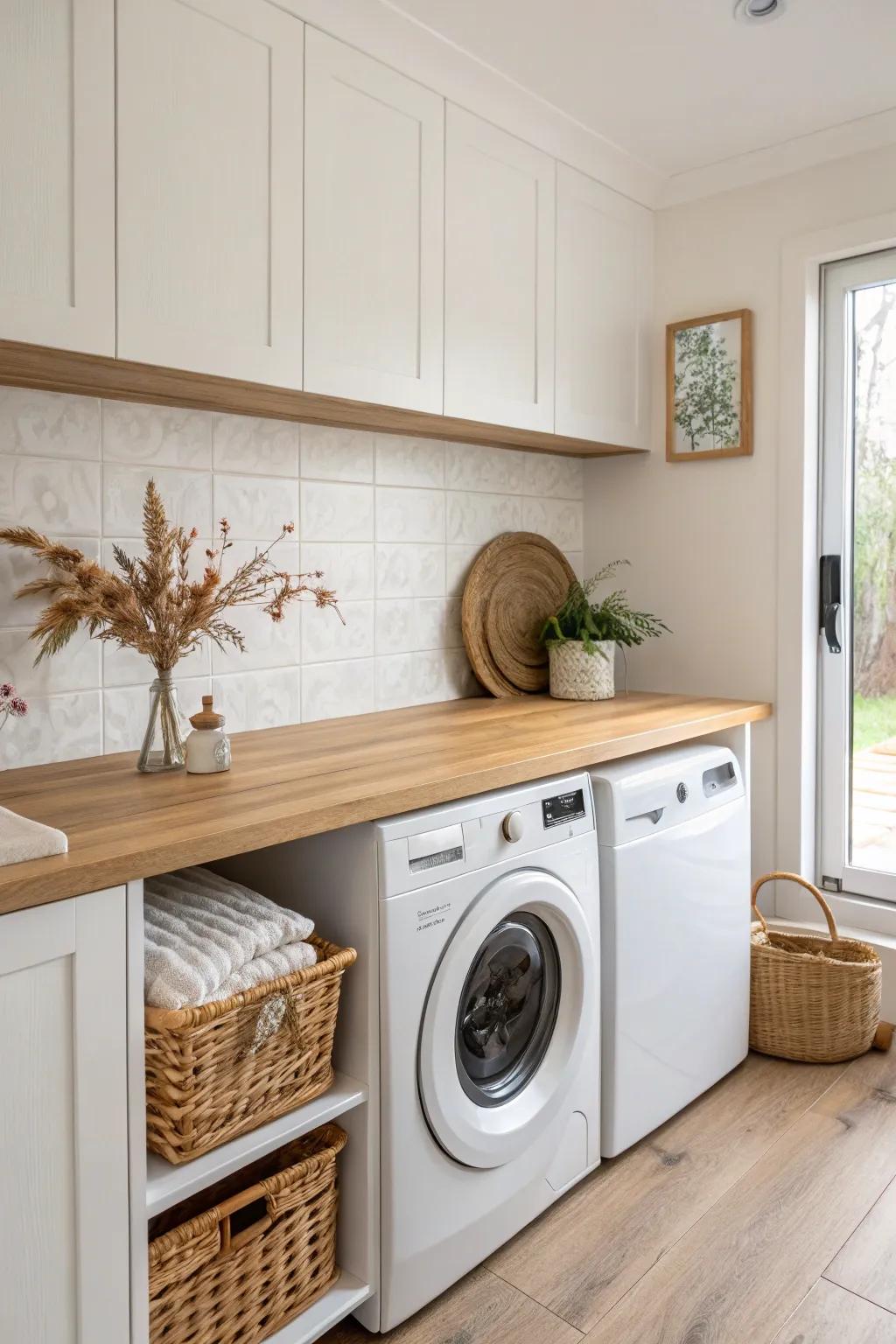Elevate your laundry space with a chic wooden countertop—perfect for folding clothes and adding a touch of natural beauty.