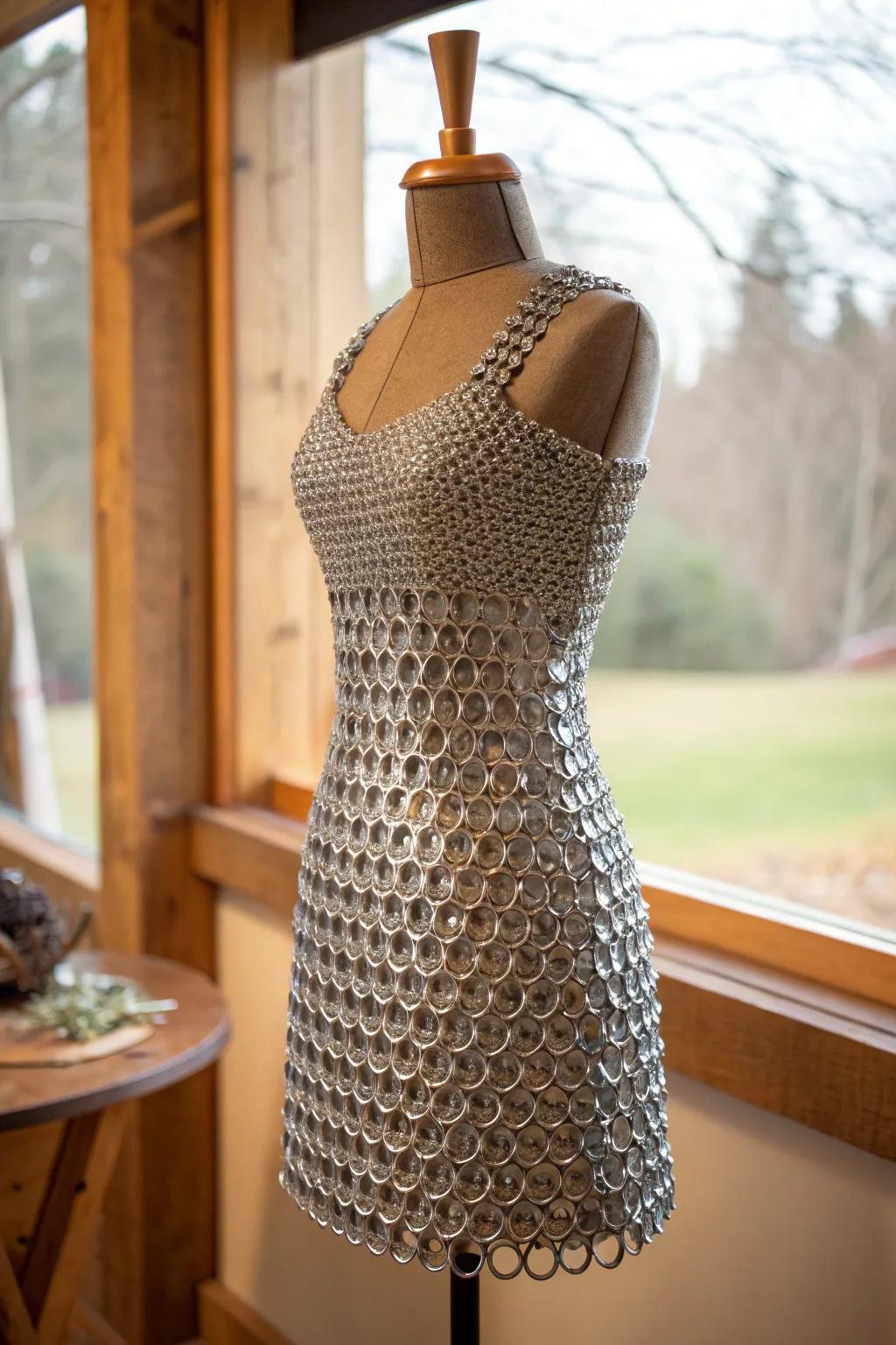 Unleash your creativity with this stunning aluminum dress, where sustainability meets style in a shimmering masterpiece.