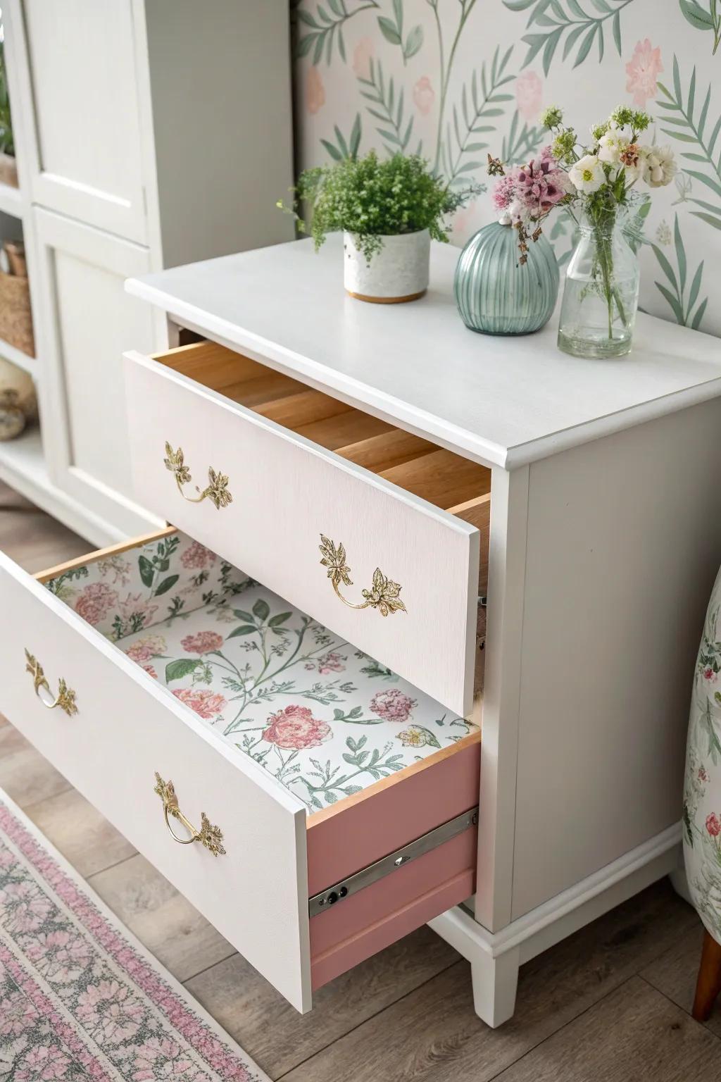 Discover the charm of surprise with every drawer—floral wallpaper magic inside.