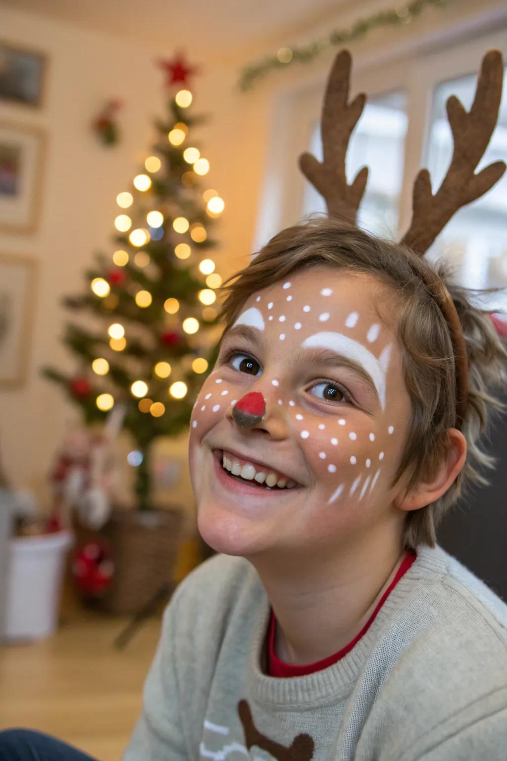 Whiskers and white spots create a playful reindeer look.