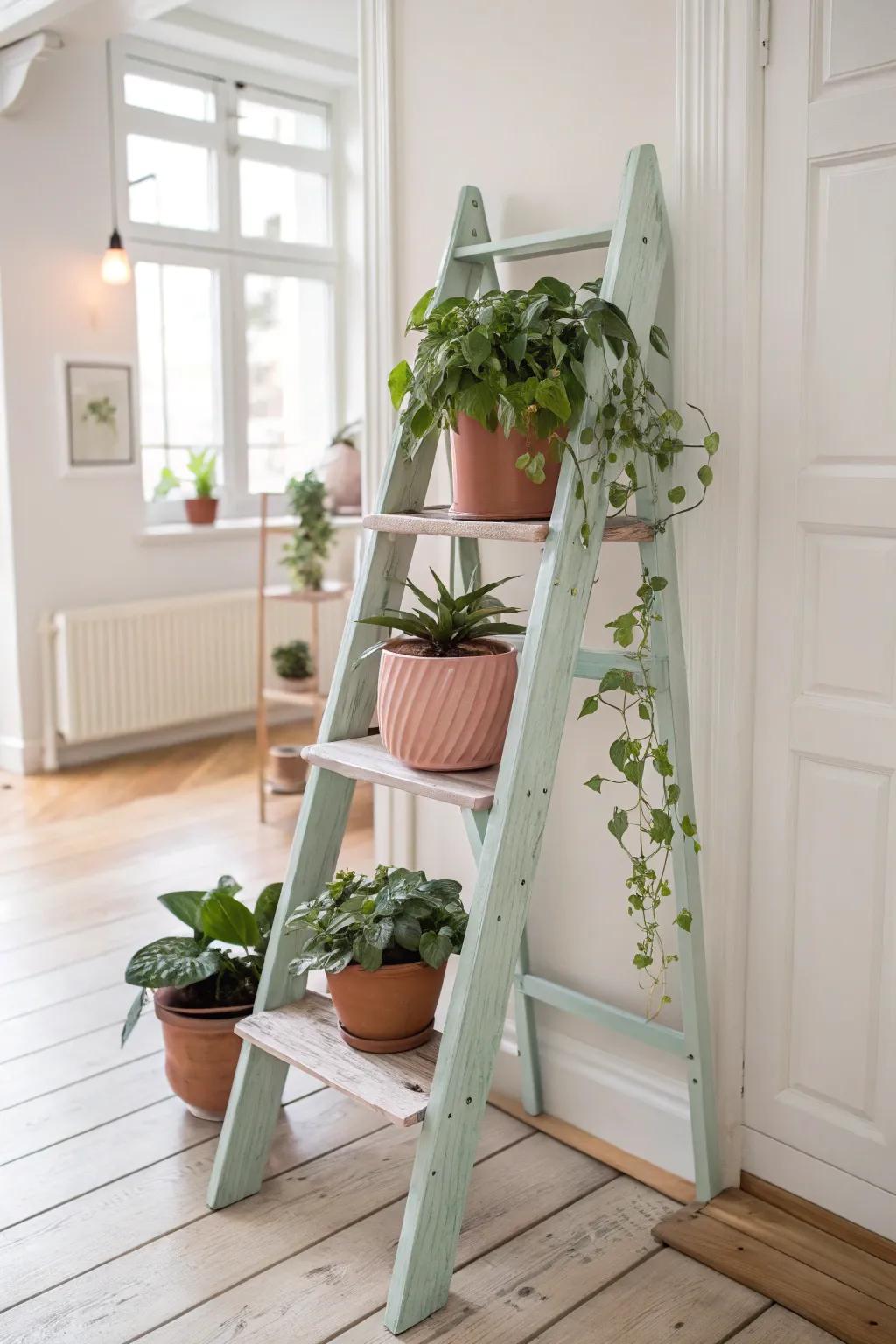 Elevate your greenery with a charming ladder plant stand, where simplicity meets natural elegance.