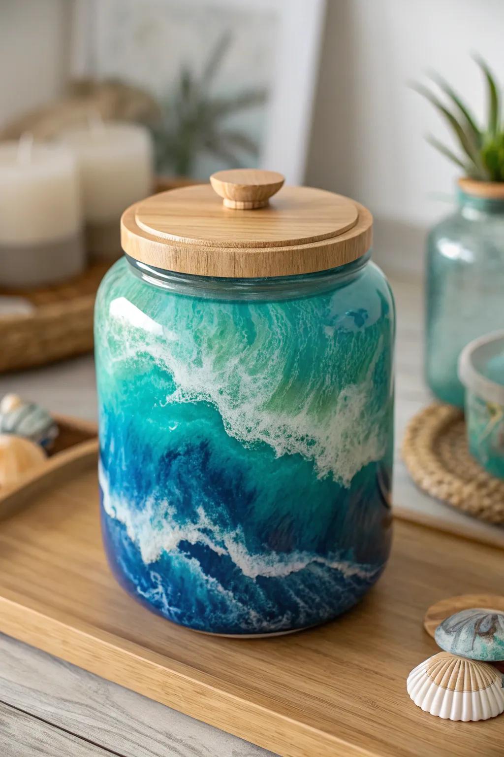 Dive into tranquility with this ocean-inspired resin jar, where craftsmanship meets serene elegance.