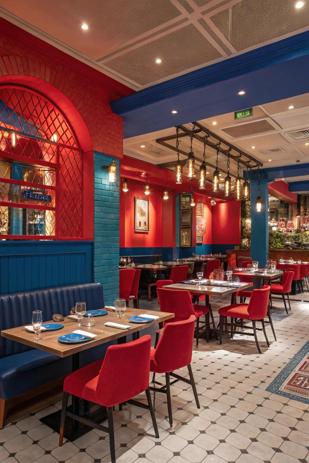 A bold and vibrant restaurant interior with striking reds and blues.