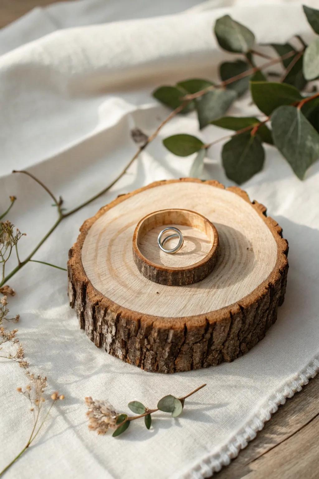 Embrace rustic elegance with a handcrafted wooden ring holder, a touch of nature's charm for your minimalist decor.