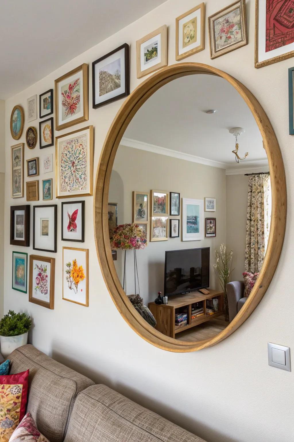 Layering a round mirror with art pieces for a gallery effect.