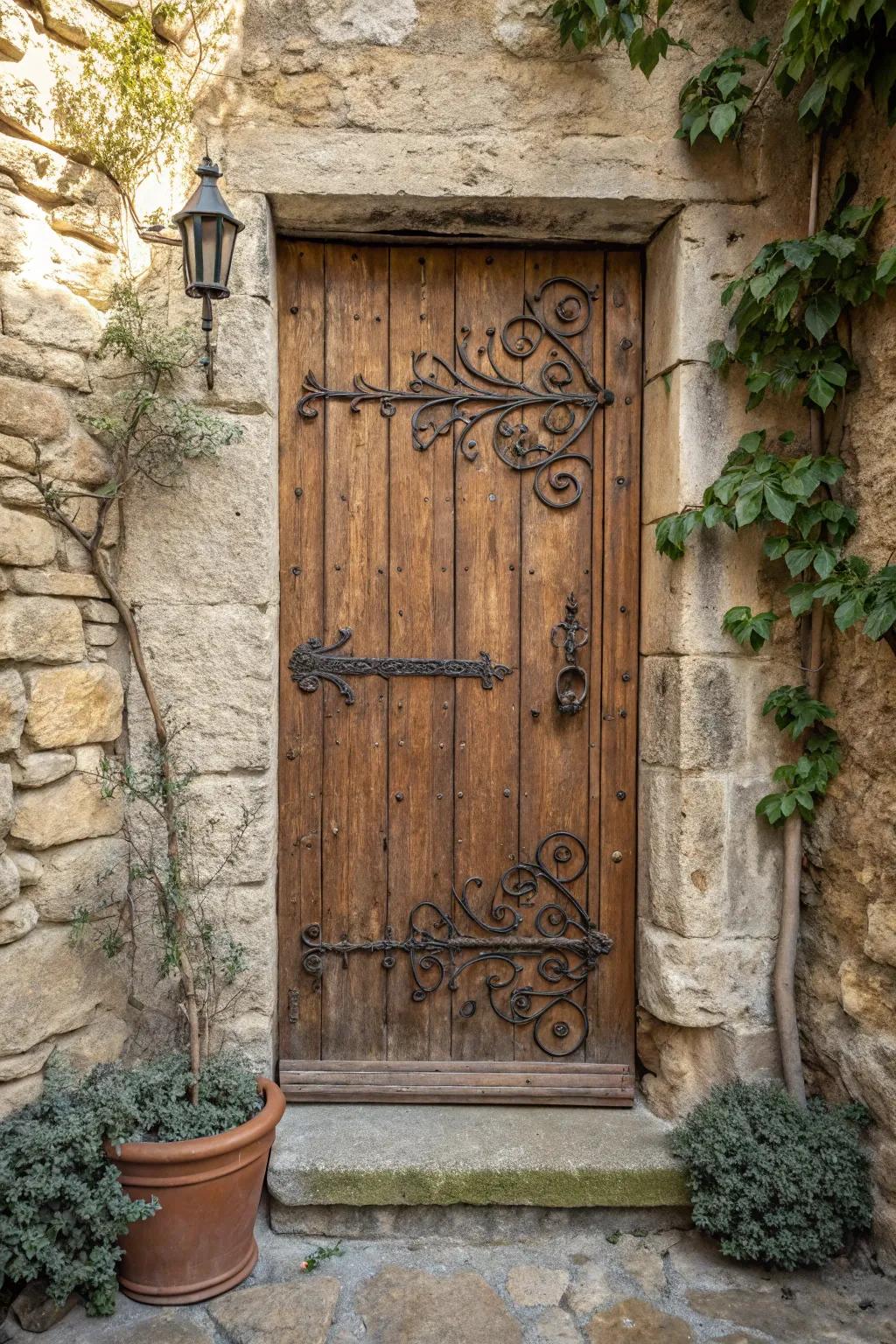 Iron accents add elegance and contrast to rustic wooden doors.