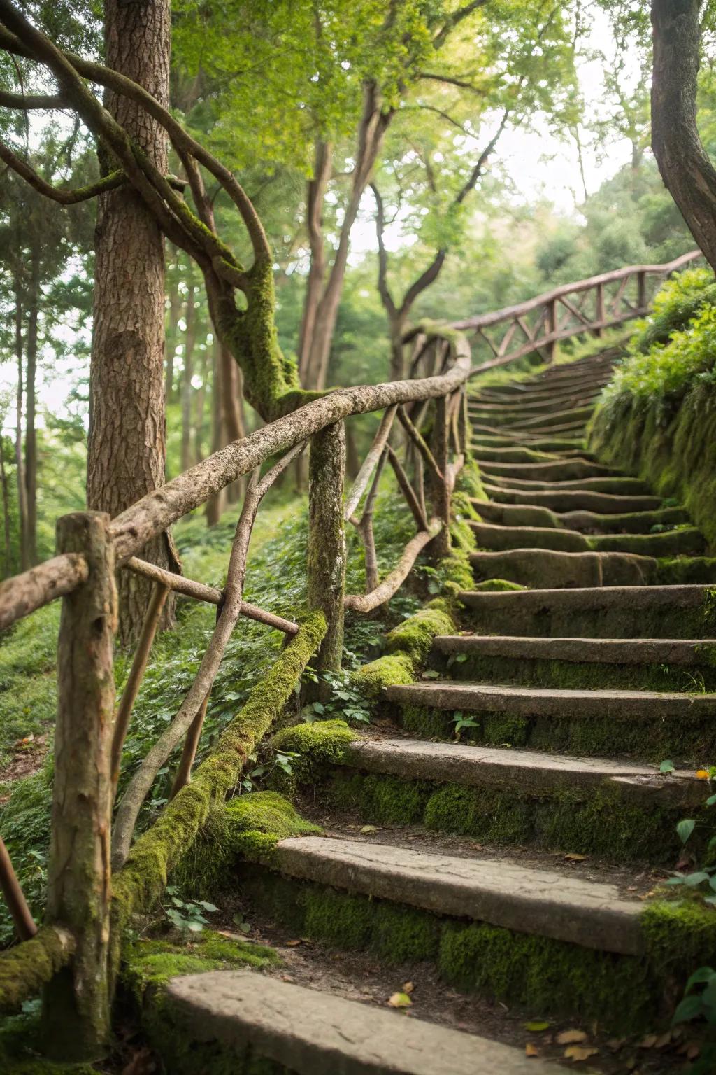 A stair railing design incorporating natural branches for an organic effect.