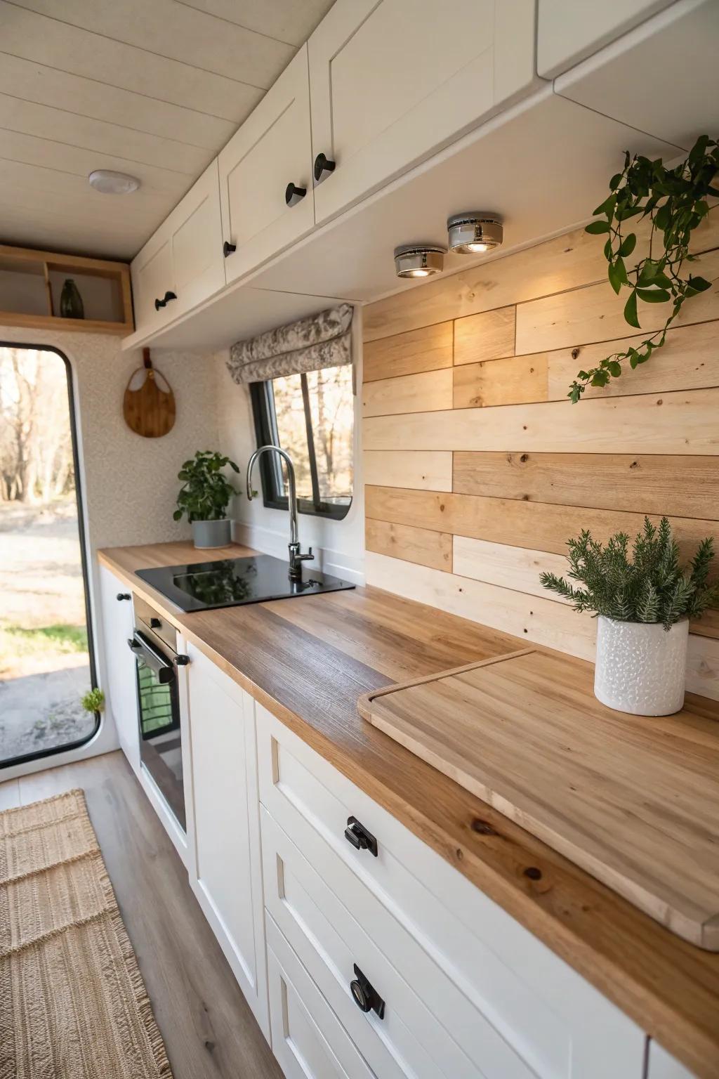 Embrace the warmth of nature with a stunning wood-accented backsplash for your RV kitchen. Cozy on wheels, beautifully crafted.