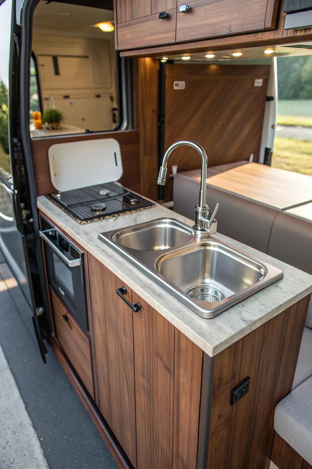 Elevate your RV experience with a sleek, space-saving sink for effortless outdoor cooking and cleanup.