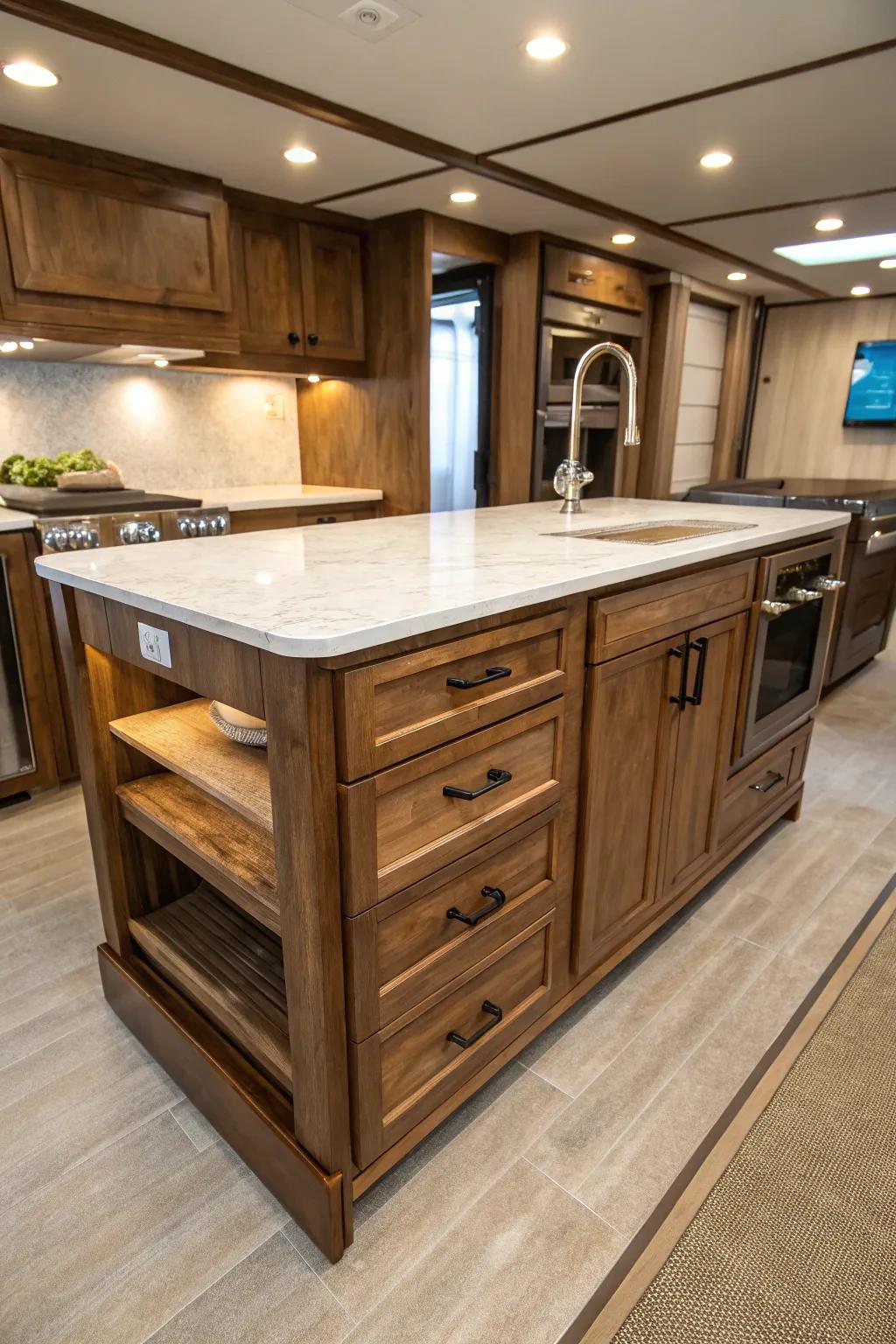 Transform your RV kitchen into a culinary haven with a beautifully crafted kitchen island.