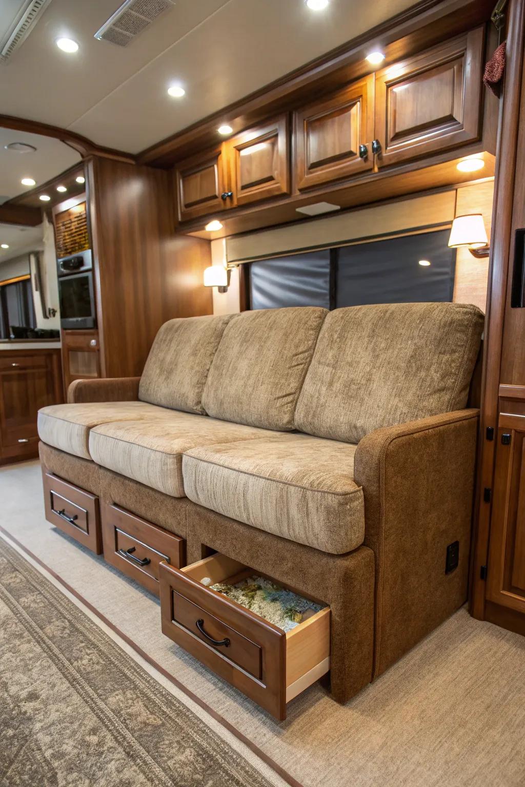 Transform your RV into a cozy haven with custom furniture that combines style and function.