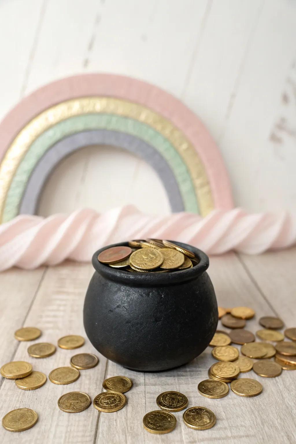 Capture the magic of a minimalist rainbow pot of gold, a perfect blend of Scandinavian simplicity and Boho charm for your Saint Patrick's Day craft inspiration.