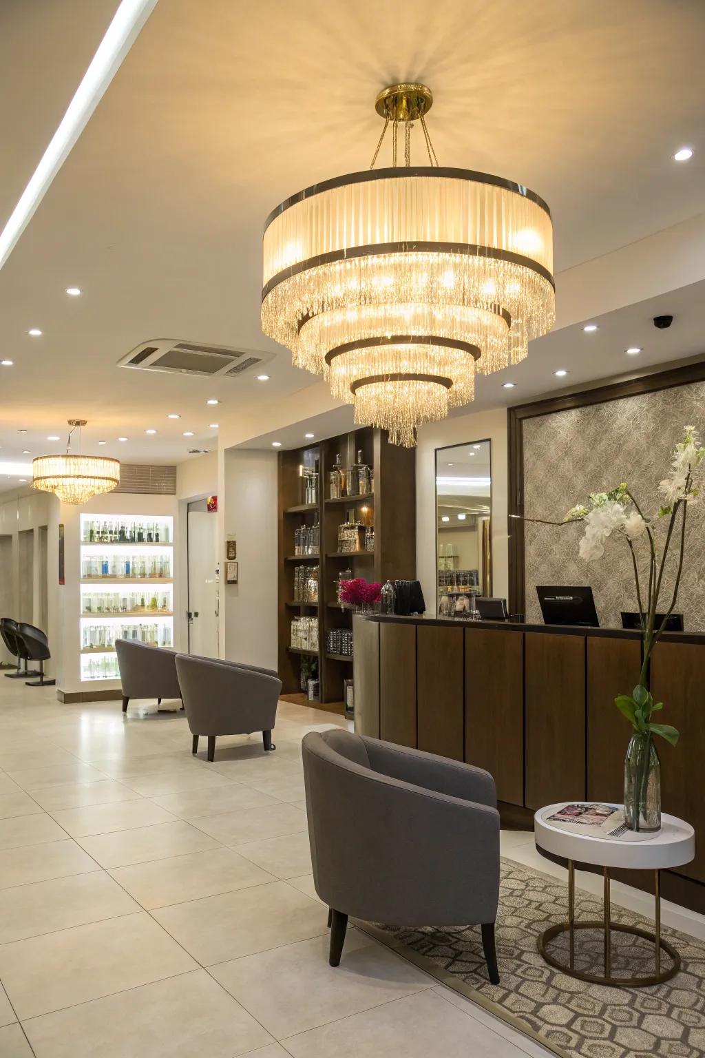 A salon reception area featuring an eye-catching statement light fixture.