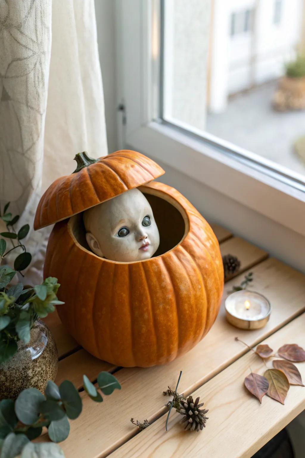 Unexpected Elegance: A hauntingly beautiful twist on pumpkin carving that blends minimalist charm with a touch of the eerie.
