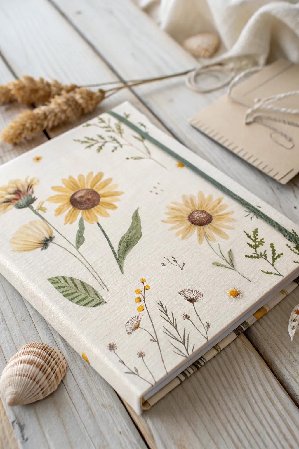 Capture the essence of summer with a minimalist scrapbook cover adorned with sunflowers and seashells, perfect for showcasing seasonal beauty.