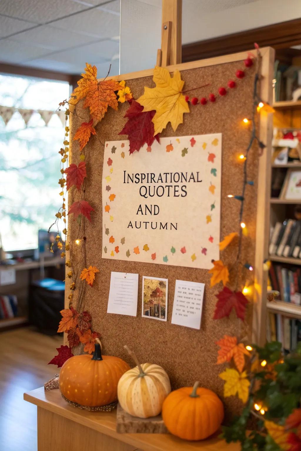 A collection of autumn-themed inspirational quotes on a bulletin board.
