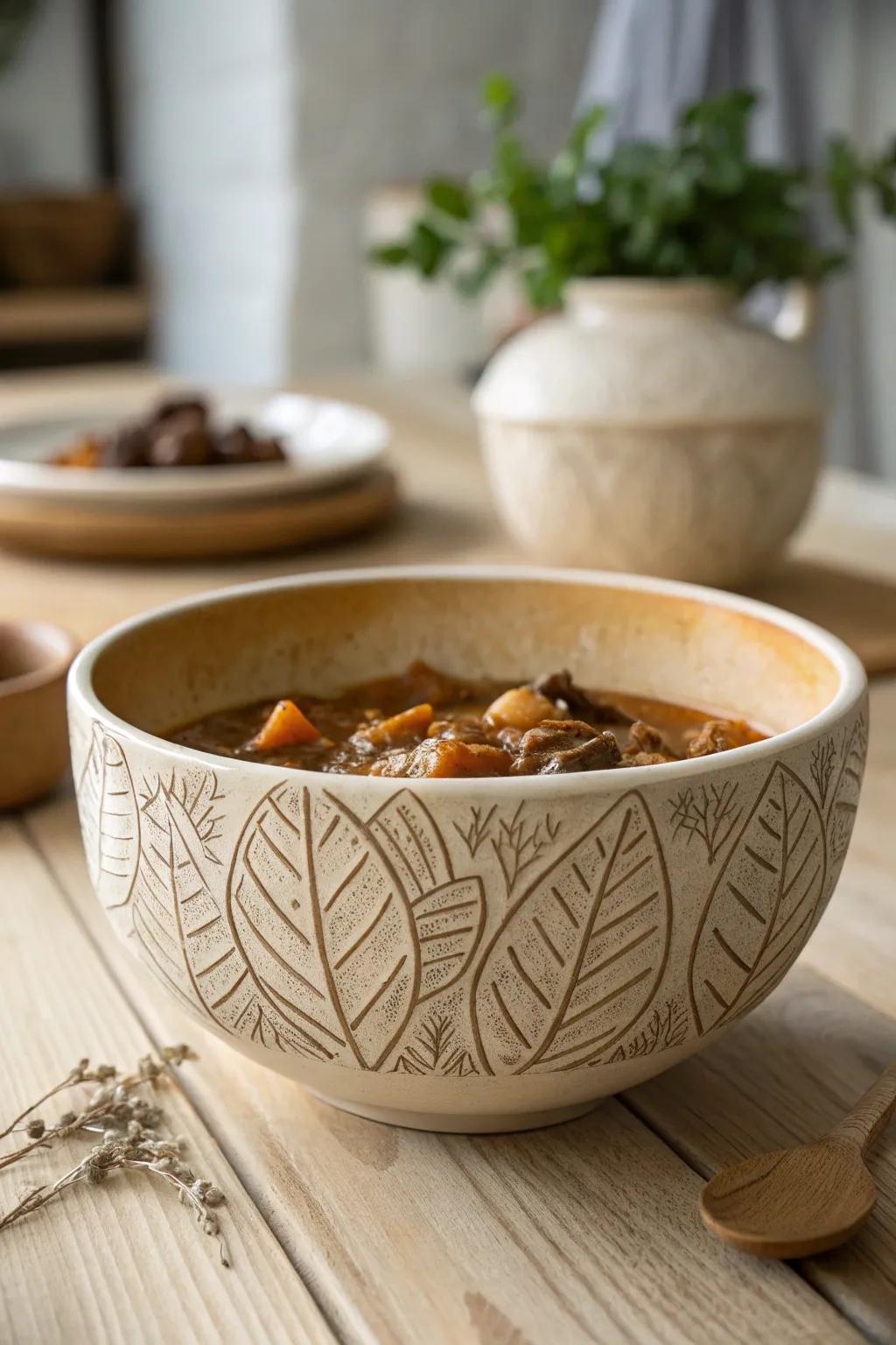Embrace nature at your table with this exquisite sgraffito leaf-patterned bowl, perfect for a cozy dining experience.