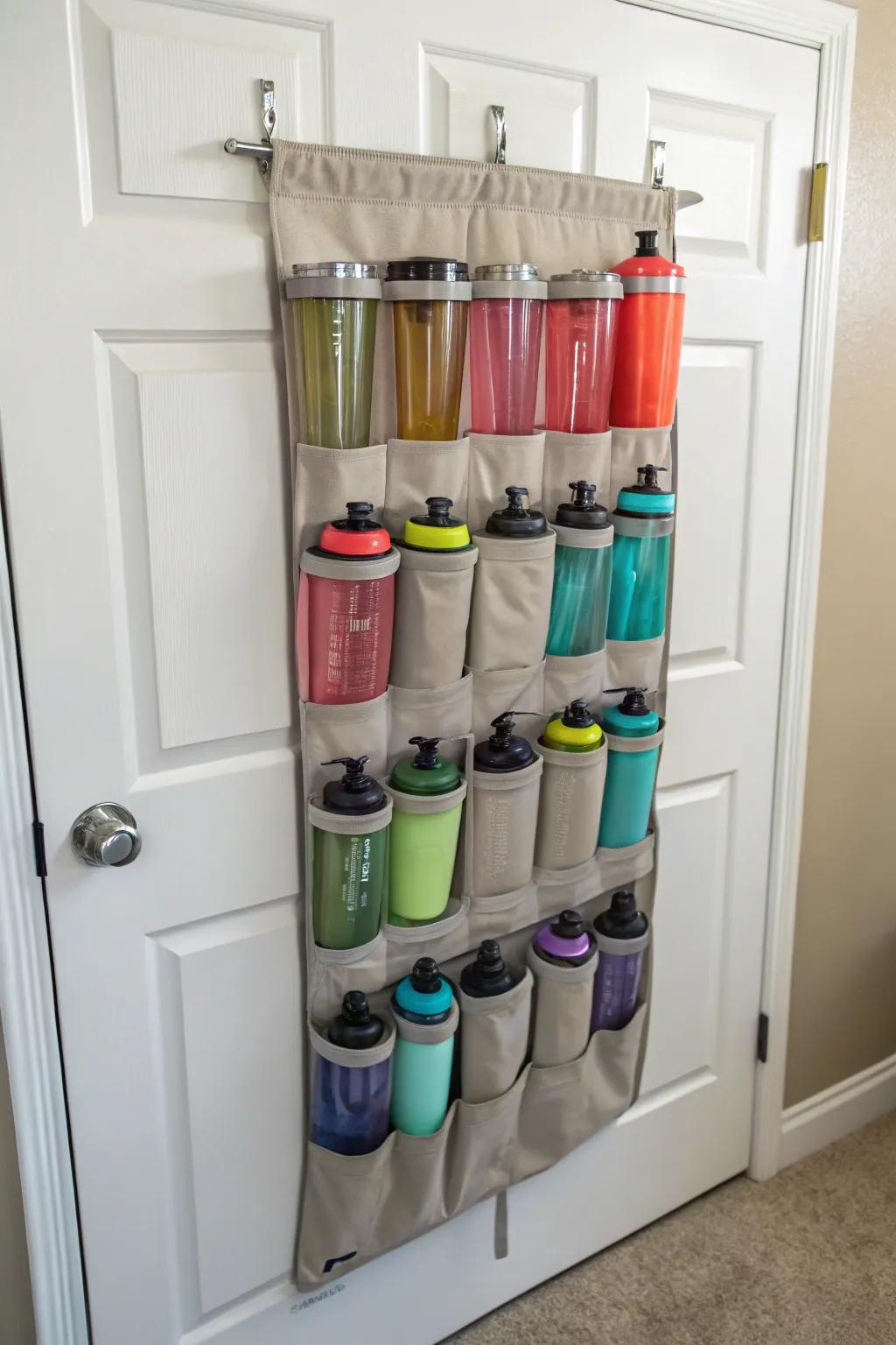 A hanging shoe organizer creatively repurposed for shaker bottle storage.
